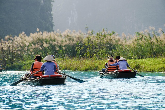 2 groups of rafting boats on still water, a background full of weeds with a mountain on the horizon 