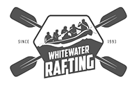 A rafting logo that portrays a raft with several people in it flowing down a river, they are encircled by hexagonal shape that has four bladed paddles on each corner. Half the hexagonal shape it's written with an Impact font 'Whitewater Rafting'